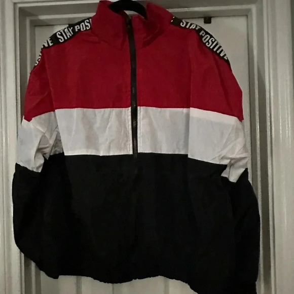 NWT New Look Zip Up Jacket Size 1X Red, Black and White “Stay Positive” - Picture 1 of 6